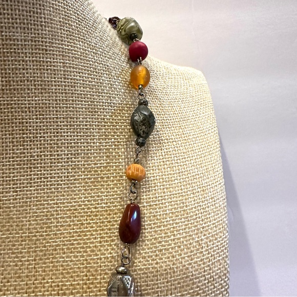 Multi-color Boho Genuine Gemstone & Glass beaded Necklace red, green, yellow - Picture 6 of 11
